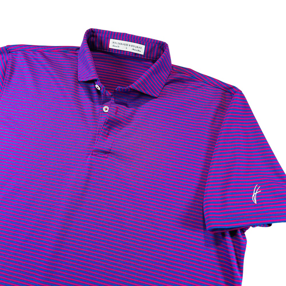 Holderness & Bourne Polo Mens L Purple Blue Stripe Maxwell Tailored Fit Golf